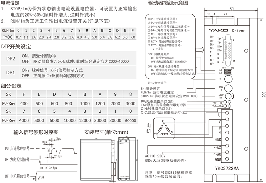 YKC3722MA为等角度恒力矩细分型驱动器,驱动电压交流110V-220V,适配电流在7.0A以下,外径86-130mm的各种 型号的三相混合式步进电机。 该驱动器内部采用类似伺服控制原理的电路,此电路可以使电机低速运行平稳,几乎没有振动和 噪音,电机在高速时力矩大大高于两相和五相混合式 步进电机。定位精度最高可达60000步/转